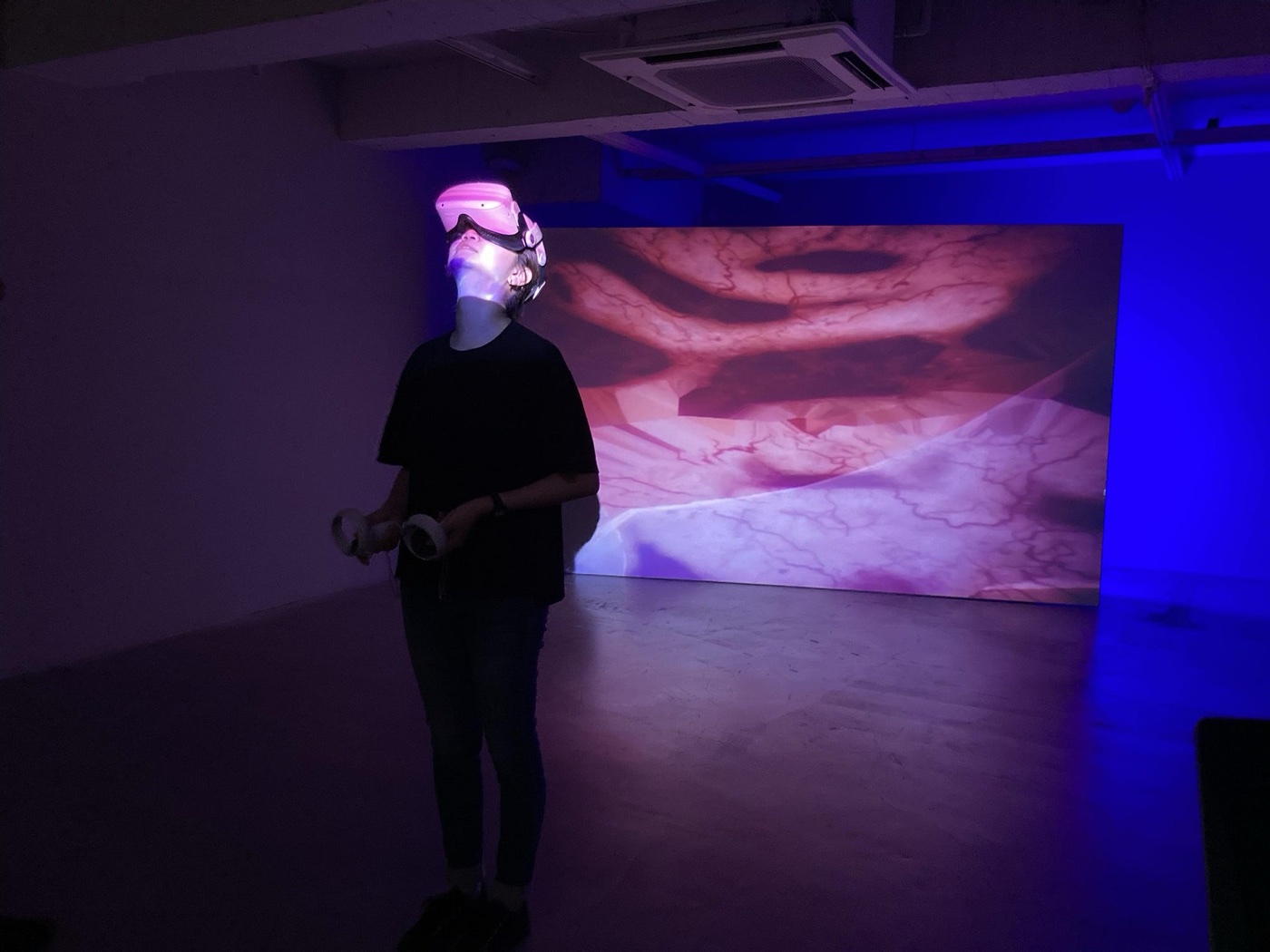 博物館展演科技實驗室主視覺：觀眾戴上 VR 頭戴裝置，在沉浸式投影展間中體驗作品